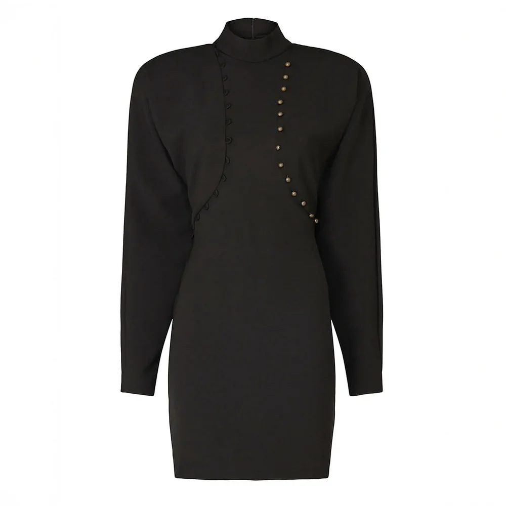 Nicole Miller Black Puff Sleeve Button Dress Mock Neck Women's $395 - Size 10 - Picture 2 of 14